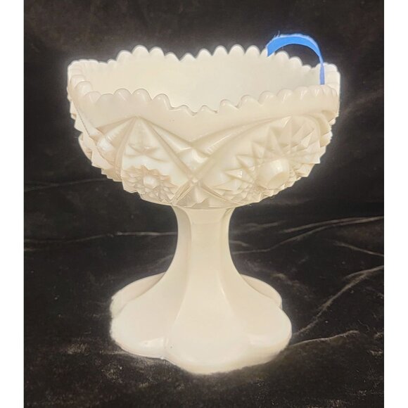 Vintage Kemple Glass Milk Glass Footed Compote with Hobstar and Fan Pattern - Picture 4 of 13